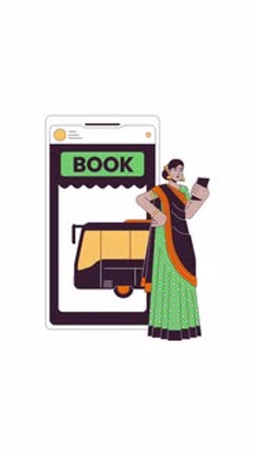 Woman Booking Bus Ticket with Smartphone and Tablet Animation