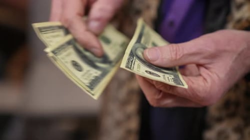 Closeup Hands of an Elderly Man with American Money in His Hands