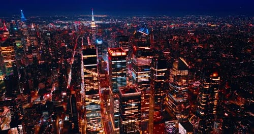 Night Time Aerial View of Lit Up City