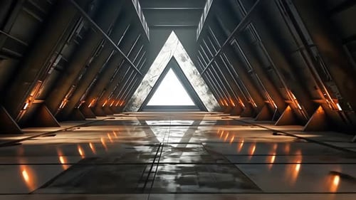 Futuristic tunnel interior with triangular shapes and warm lighting