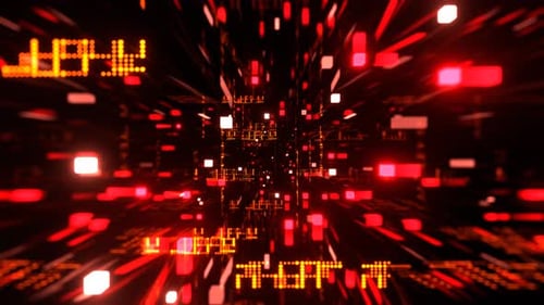 Digitaler Neonhintergrund mit Würfeln und Punkten, VJ Loop in 4K, Rot und Orange