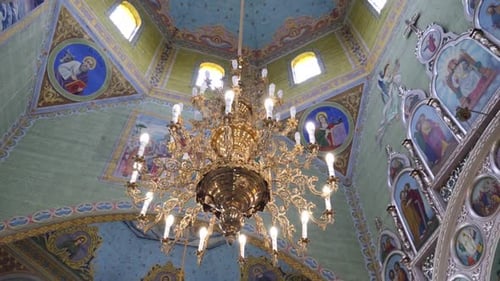 32 Interior, architecture of the Orthodox church with painting and iconostasis.