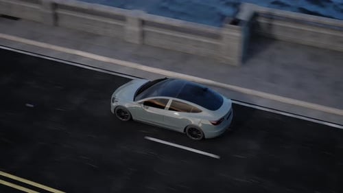 Electric Car Drives On Bridge. Realistic 3D Animation