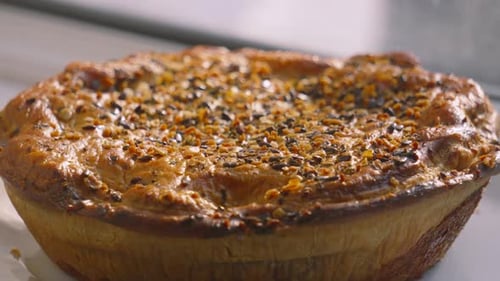 Whole View of Delicious Gourmet Chicken and Mushroom Pie with Seeds on Top with Rustic Texture