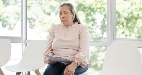 Job interview, recruitment and anxiety with business woman in waiting room for hiring
