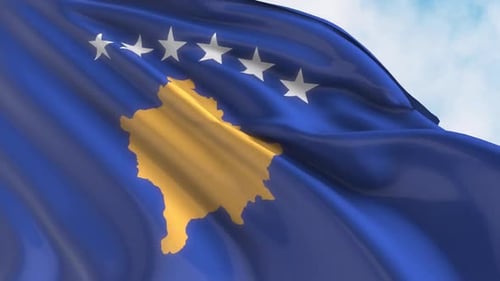 Realistic Kosovo Flag Waving Seamlessly with Blue Sky
