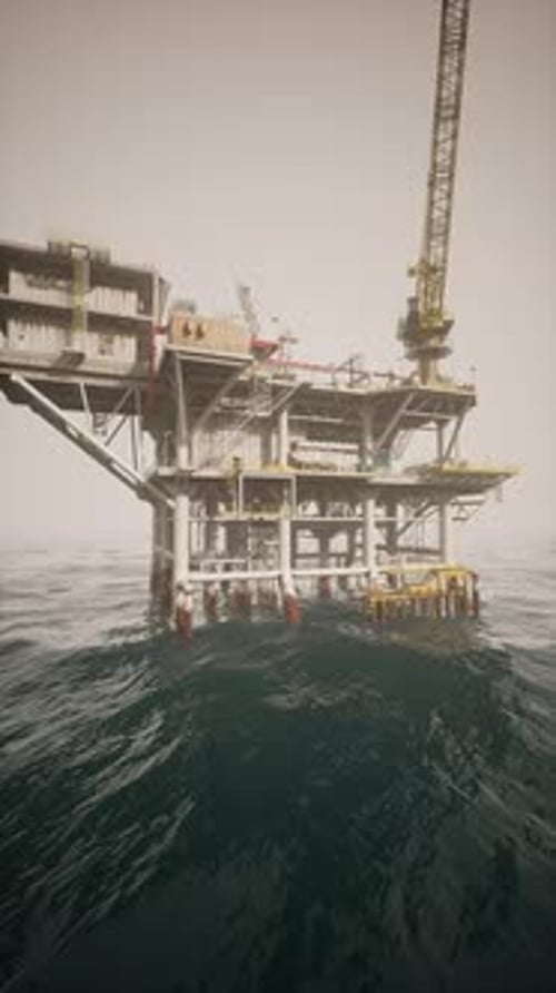 Oil Rig Standing Firm in Turbulent Waters Under a Hazy Sky