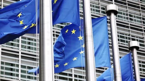 Flags of Europe Waving Gently in Front of Building