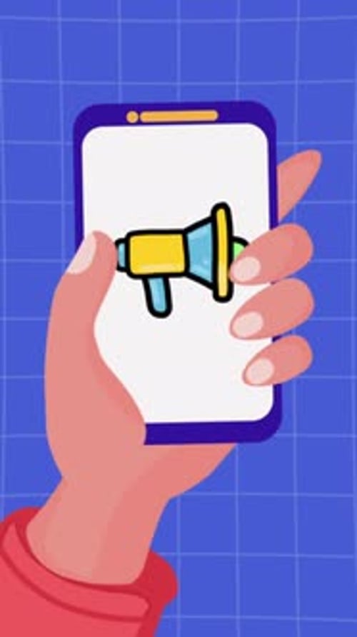 Hand Holding Mobile Phone with Animated Business Icons Flat Design