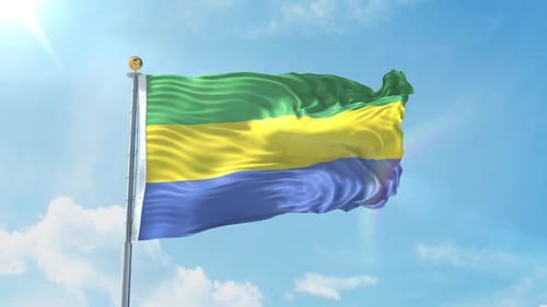 Gabon National Flag Waving in Realistic Blue Sky Loop