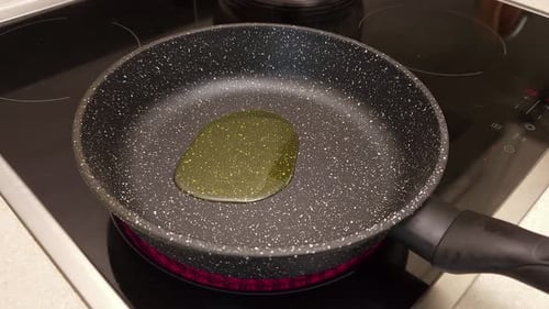 Cooking Steak in Frying Pan with Olive Oil