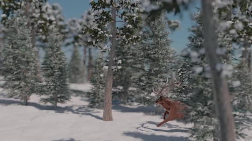 Cervo corre pela floresta à beira do rio para descobrir uma árvore de ano novo