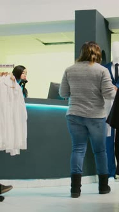 Woman Consults Sales Associate About Garment in Boutique