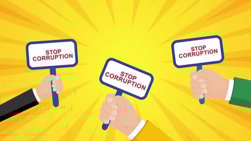 Animated Hands Holding Stop Corruption Signs Flat Design