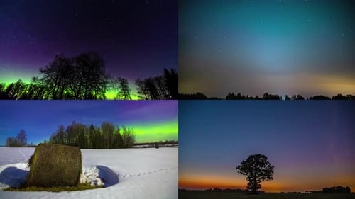 Time lapse shot of Aurora und Milky Way Galaxy in winter scene - wide panorama shot