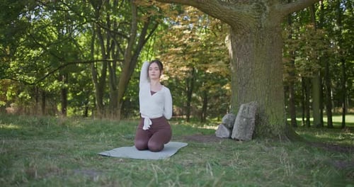 Young Beautiful Athletic Woman in Sportswear Doing Stretching and Warming Up in the Park Near a Tree