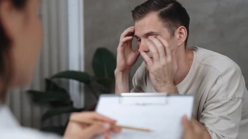 Man Discussing Problems with Therapist Indoors Daytime