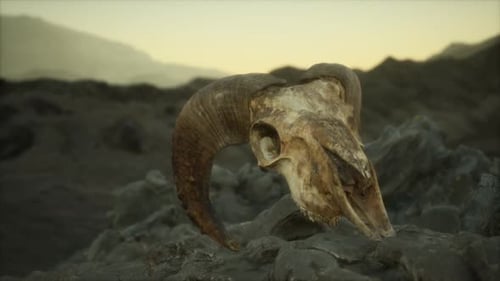 European Mouflon Ram Skull in Natural Conditions in Rocky Mountains