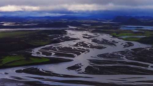 Aerial Panoramic of Icelandic Braided River on Volcanic Outwash Plain