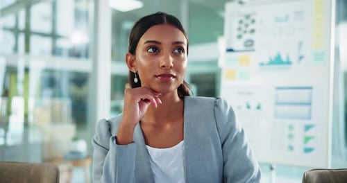 Businesswoman, graphs and thinking at office for finance, report or budget planning with decision