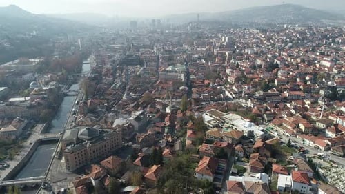 Aerial Footage of Sarajevo and National Library the Shot is Flying Over Vijecnica Library with a