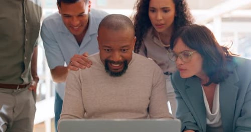 Success, winning and business people on laptop with celebration, stock trading profit