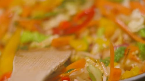 Close Up View of Stir Fry Vegetables as Camera Moves Forward Showing Colorful Ingredients Including