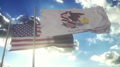 American and Illinois Flags Waving on a Sunny Day