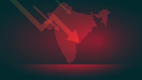 map india with red arrows down, economic crisis india animation 4k