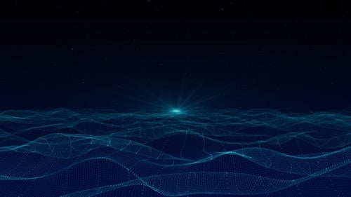 Onda cibernética digital hecha de partículas que fluyen líneas digitales con un fondo de ciberespacio