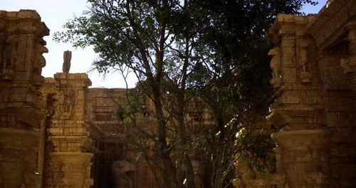 Ruines d'anciens temples entourées d'une végétation luxuriante et d'un ciel bleu