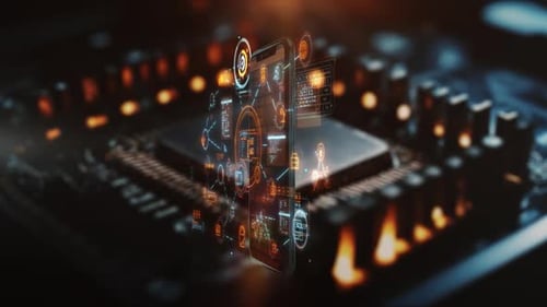 Smartphone Showing Futuristic HUD Interface with Data Analysis and Information