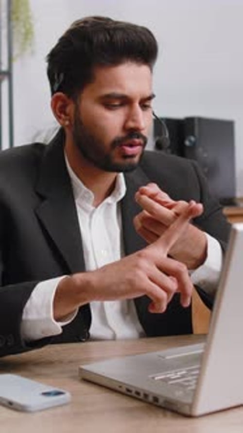 Businessman Working on Laptop Wearing Headset Call Center Support Service Operator Office Helpline