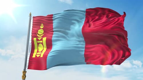 Realistic Mongolian National Flag Waving in Blue Sky