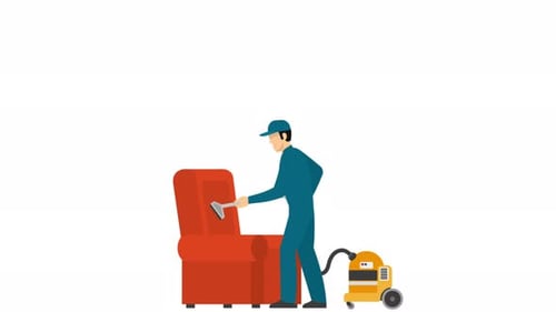 Flat Design Animation of Professional Cleaning Sofa Upholstery with Vacuum