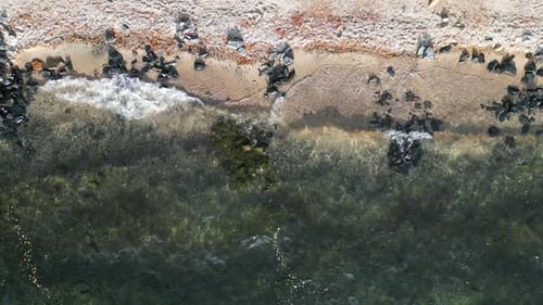 Aerial Top View of Ocean Blue Waves Break on a Beach