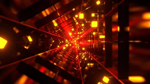 Red And Orange Sci Fi Triangular Tunnel With Neon Cubes Background VJ Loop l 4K