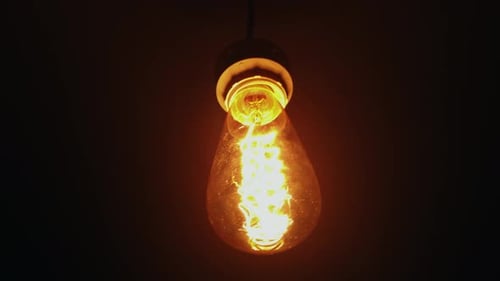 Squirrel cage incandescent light bulb hanging in the dark