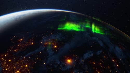 3D-Rendering der Erde bei Nacht mit Aurora Borealis und Stadtlichtern aus dem Weltraum