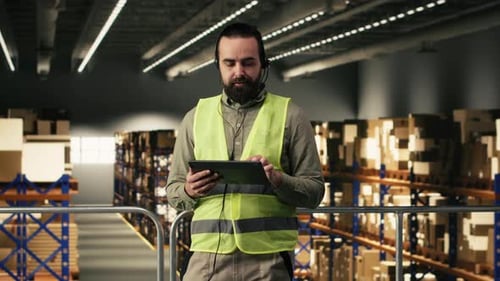 Man with Tablet Talking in Warehouse Setting