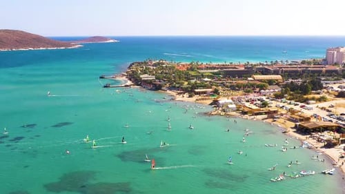Drone shot of windsurfers - High quality footage of windsurfers in İzmir Çeşme