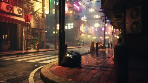 Rain Soaked Street Illuminated By Neon Signs in a Bustling Urban Area at Night