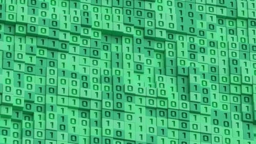 Grüner Binärcode. Programmier- und technologischer Hintergrund. 3D-Rendering, nahtlose Loop-Animation