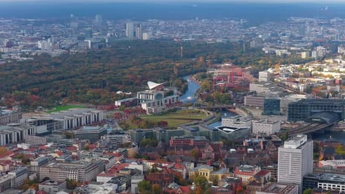 High Altitude Footage Flying Over Berlin Showing Capital's Skyline with Government District