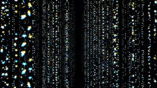 Corridor of sparkling blue and yellow star particles bokeh or glitter garland vj loop 3d render