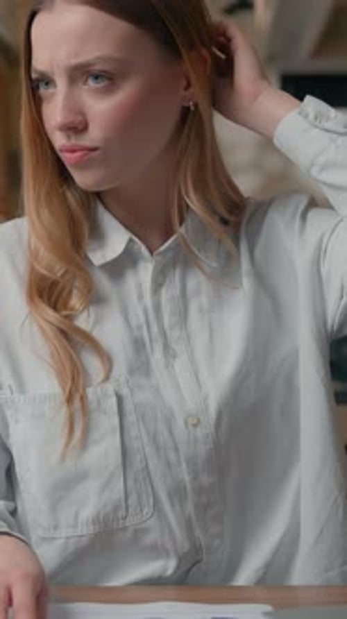Caucasian Business Woman Confused Trouble Thinking About Financial Data Diagram Corporate Results in