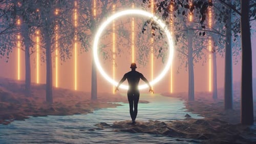 3D Rendering of Person with Magic Portal in Glowing Forest Sci Fi Scene