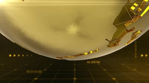 Golden Geometric World Globe Rotation with Digital Overlay