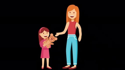 Little Girl Buying A Teddy Bear From A Toy Store With Her Mother 4K Alpha Channel