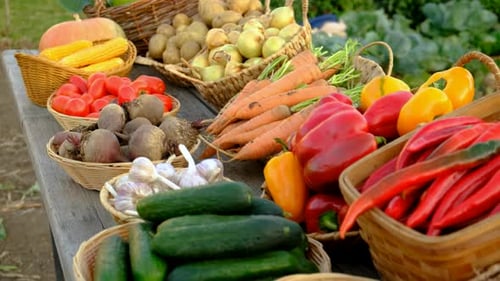 Vegetables and Fruits Against the Background of a Farmers Market Selective Focus Food